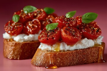 Decadent toasted bread topped with luscious roasted tomatoes drizzled with golden honey and garnished with fresh basil leaves against a soft pink backdrop creating a tempting culinary masterpiece