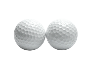 Two white golf balls, side-by-side, against a black background