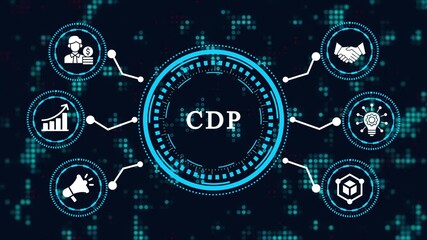 CDP writing business and technology concept, virtual display and network strategy, profit growth – digital finance and business technology network animation. Smart Business concept video - Powered by Adobe