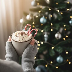 A cozy holiday scene featuring a person holding a warm cup of hot chocolate topped with whipped cream and candy canes, with a decorated Christmas tree in the background.