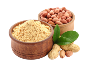 Pile of fine peanut powder isolated on white, excellent for protein shakes and baking.