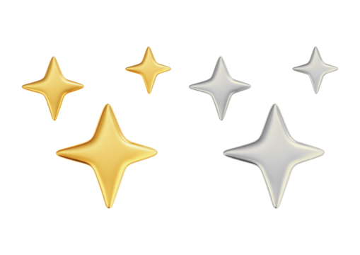 Gold and silver stars isolated on transparent background