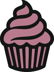 Minimal cupcake with frosting, bold thick outline, white background