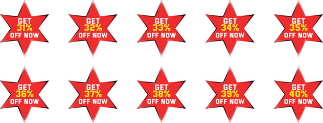 Red star badges with discount percentages from 31 to 40 percent off sale