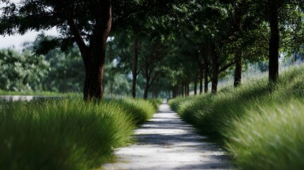 Obraz premium A serene pathway lined with lush green grass and trees in a peaceful outdoor landscape