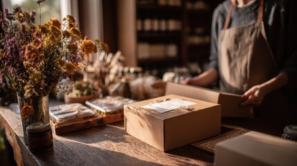 A small business owner prepares beautifully packaged artisanal gift boxes with dried flowers, kraft paper, and handwritten notes