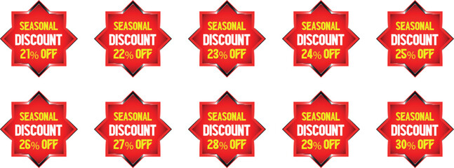 Ten Red Starburst Badges Showing Seasonal Discount Percentages from 21 to 30 Off sale offer
