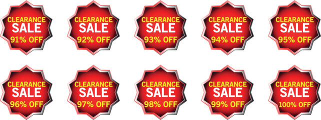 Ten red starburst badges displaying clearance sale discounts from 91 to 100 percent off offer