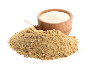Wheat germ powder in a scoop isolated on white, a nutritious dietary supplement.