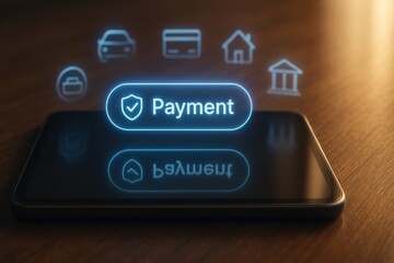 Mobile device with glowing payment interface surrounded by finance and transaction icons