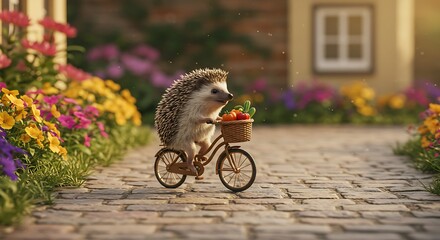 Hedgehog riding bike flowers garden