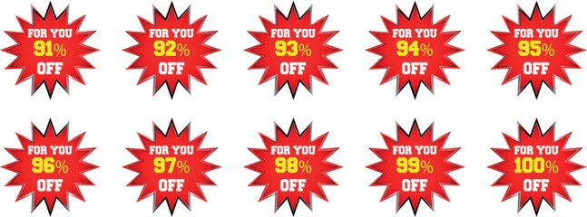 Ten red starburst discount badges with text for you 91 percent to 100 percent off sale
