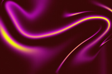 Abstract flowing purple and yellow neon light streaks on a dark textured background