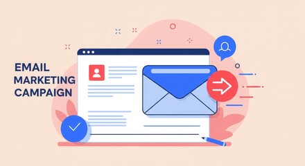 Illustration of an email marketing campaign with an envelope and a checkmark, representing successful communication and strategy.