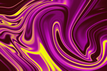 Fototapeta premium Abstract swirling purple and yellow liquid marble texture with glowing neon lines