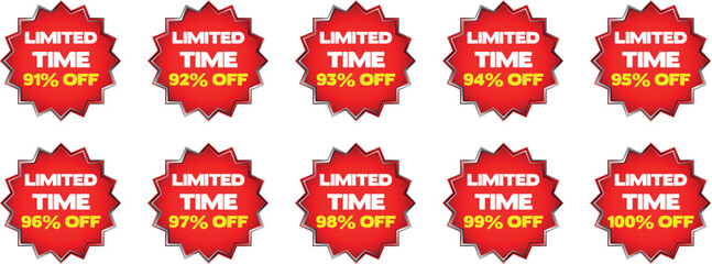 Red starburst discount badges with text limited time and percentage off sale