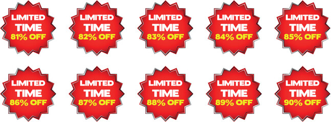 Ten red starburst badges with white text limited time and yellow text percentage off sale discount 1