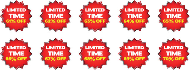 Ten Red Starburst Discount Badges With Text Limited Time Percentage Off sale