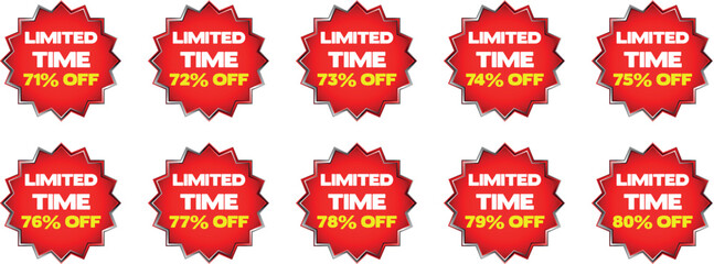 Ten red starburst badges with limited time discount percentages from 71 to 80 percent off sale