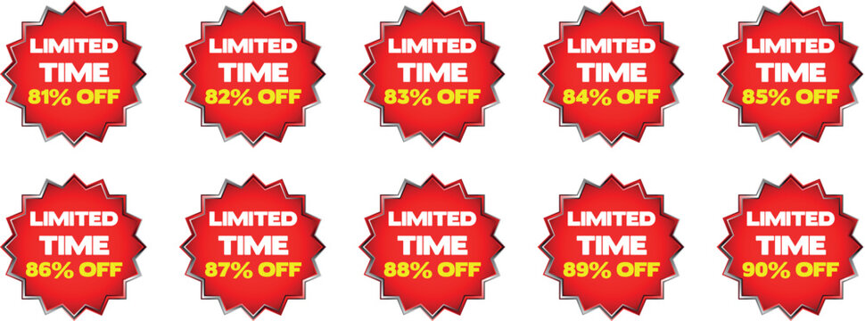 Ten red starburst badges with white text limited time and yellow text percentage off sale discount 1