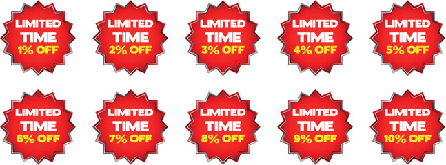 Red starburst badges with text limited time 1 percent to 10 percent off discount sale