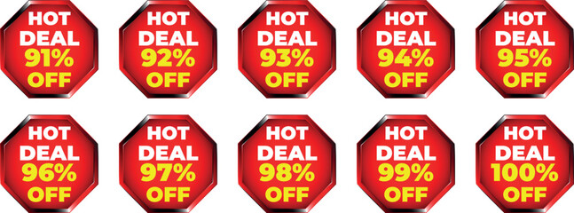 Ten red octagonal badges displaying hot deal discounts from 91 percent to 100 percent off sale offer
