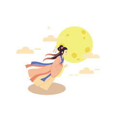 Elegant woman flying towards the moon in traditional attire.