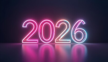 Vibrant neon number 2026 radiates celebratory light, reflecting on a dark surface.