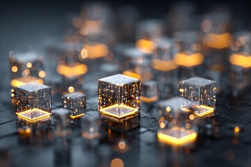 Futuristic glowing digital cubes representing blockchain and data technology