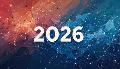 Geometric network with the numeric '2026' in white, over a orange and blue backdrop.