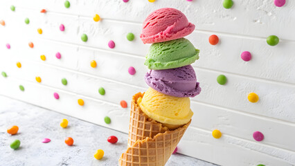 Stacked ice cream scoops in pink green purple and yellow in a waffle cone with colorful candy dots full hd 4k stock image download