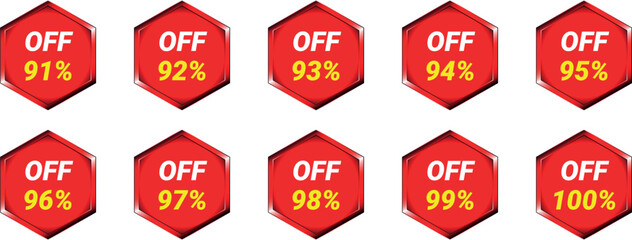 Red Hexagon Sale Badges 91 Percent to 100 Percent Off discount