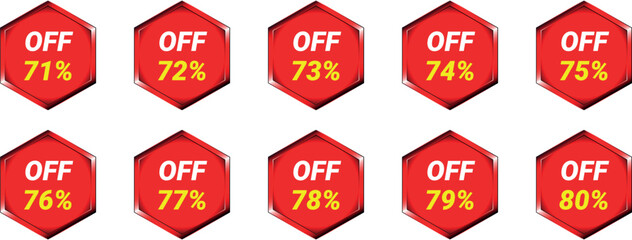 Ten Red Hexagon Sale Badges Showing Off Percentages From Seventy One To Eighty Percent discount