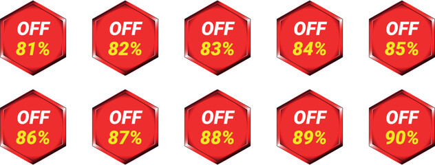 Red Hexagon Sale Badges Showing O F Percentages from 81 to 90 discount