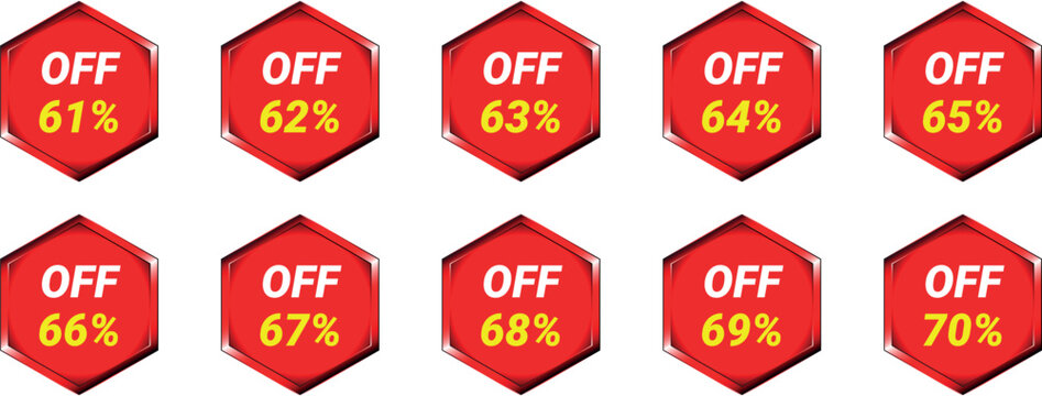 Red Hexagon Badges Showing O F Percentages From 61 To 70 discount