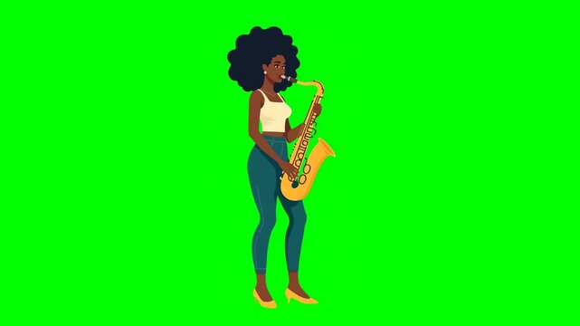 African American curly-haired girl playing the saxophone.  cartoon style, isolated on green screen, chroma key, footage, mockup, loop.
