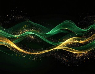 Abstract design with swirling emerald and gold lines, dotted with golden specks on a black background