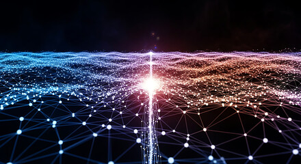 Illustration of abstract digital network with glowing nodes and connection lines, representing data flow, communication, and the interconnectedness of the digital world