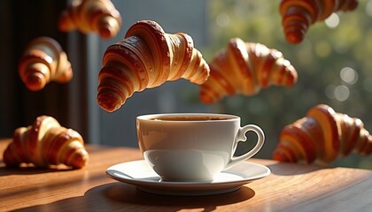 Flying croissants around a steaming cup of coffee on a sunny morning background
