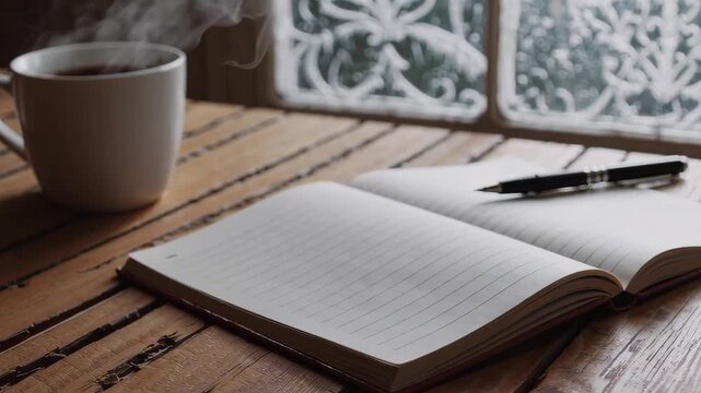 Cozy morning study scene with steaming coffee and open notebook on wooden table