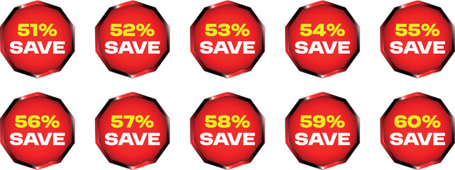 Red octagon badges with yellow percentage and white save text 51 percent to 60 percent discount sale
