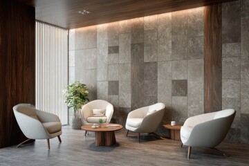 Modern waiting area with light gray stone wall and white armchairs