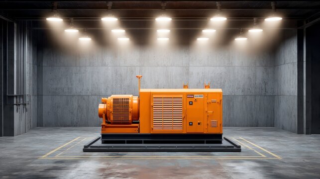 Powerful Industrial Generator in a Modern Factory: A robust, industrial generator, a symbol of power and efficiency, sits centrally illuminated within a contemporary factory setting.