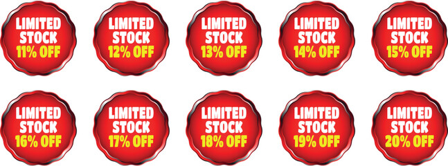 Red circular badges with white text limited stock and yellow percentage off discounts sale
