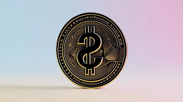 Golden digital coin with dollar sign symbol on gradient background representing finance and cryptocurrency