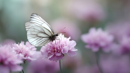 A delicate white butterfly with dark veins rests gently on a vivid pink blossom captured in a soft focus ro shot with a dreamy blurred garden