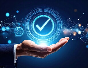 Hand holding glowing digital checkmark