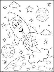 Cute Rocket Coloring Page for Kids Featuring a Smiling Cartoon Spaceship Flying in Outer Space with Planets, Stars, Clouds, and Moon. Fun Space Adventure Activity Sheet for Children
