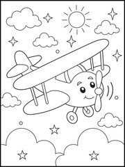  Airplane Coloring Page for Kids Featuring a Smiling Cartoon Plane Flying in the Sky with Clouds, Sun, and Stars.