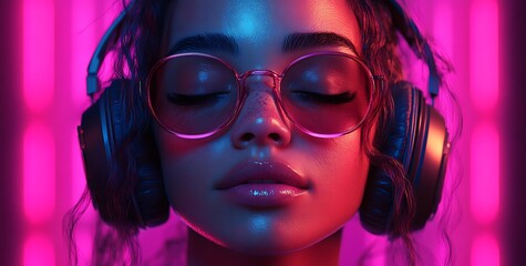 Serene woman in headphones immersed in a vibrant neon soundscape, a futuristic auditory escape